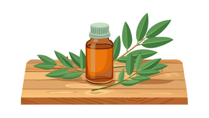 Essential oil bottle with light green cap and leaves on a wooden surface in a still life scene