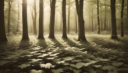 A misty forest scene with tall, straight trees and a carpet of large-leaved plants on the ground, illuminated by sun rays penetrating through the fog.