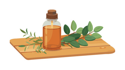 Aromatic oil in glass bottle with eucalyptus leaves on a wooden surface for natural remedies and wellness