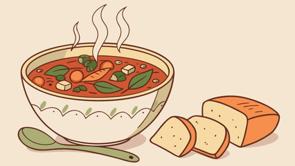 A bowl of steaming soup with vegetables and tofu accompanied by slices of bread on a light background