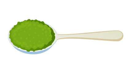 A spoon filled with bright green matcha powder sitting on a white background in a close up view