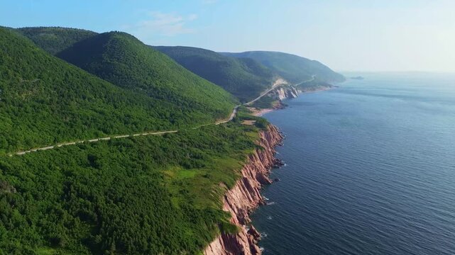Aerial 4K View of Cape Breton Island in Summer&ndash; Cabot Trail, Highlands & Coastal Beauty, Nova Scotia, Canada