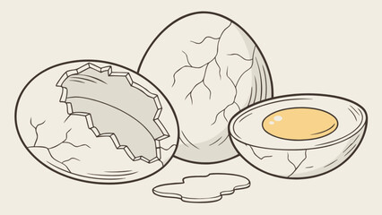 Illustration of cracked eggs with one cut open showing the yolk and some egg white spilled 100