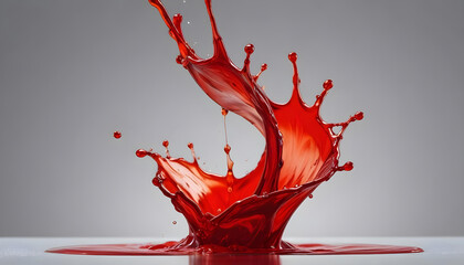 A powerful splash of bright red glossy liquid, resembling paint or blood, with many droplets on a neutral light grey background.