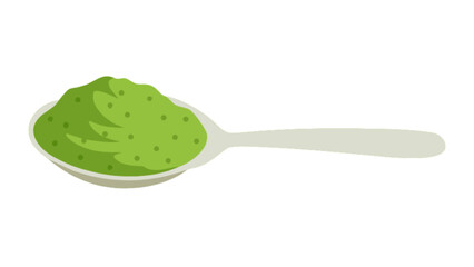 A spoon filled with a vibrant green substance that has small dark spots spread throughout the mixture
