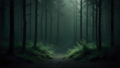 A path deep in a dark, foggy forest with tall pine and spruce trees. A narrow beam of light illuminates the undergrowth. Atmosphere of mystery and horror.