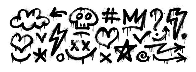 Urban graffiti spray paint element set. Street art icons with drips, splatters, and grunge texture. Set of arrow, cloud, skull, crown, star, lightning and heart. Graffiti icons with spray paint effect