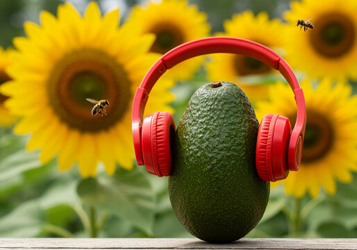 Avocado With Red Headphones In A Sunflower Field With Flying Bees, Symbolizing Healthy Lifestyle And Music Enjoyment