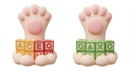 Adorable cat paw figurines on colorful wooden blocks