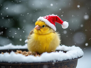 Festive Yellow Bird In Santa Hat In Snowy Bird Feeder, Christmas Winter Holiday Concept