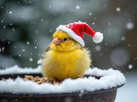 Festive Yellow Bird In Santa Hat In Snowy Bird Feeder, Christmas Winter Holiday Concept