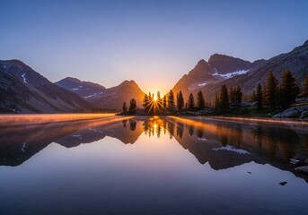 A brilliant sunrise peeks over silhouetted mountains, reflecting perfectly in a calm alpine lake.