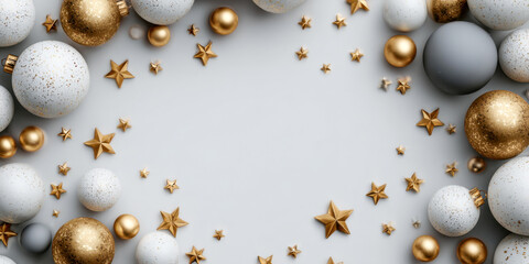 Fototapeta premium Decorative Christmas ornaments in gold, silver, and white arranged in a circular pattern on a light gray background, creating a festive atmosphere with copy space for text