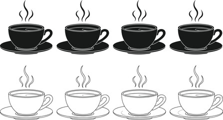 Coffee tea cup icons set, steaming mug silhouette, black white vector, hot drink symbols, minimal design, beverage graphic illustration