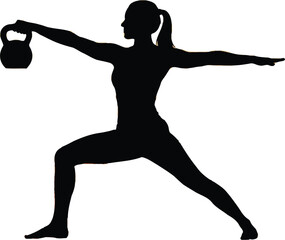 Silhouette of Woman Performing Kettlebell Warrior II Pose, white Background, Fitness Strength Power Yoga Concept