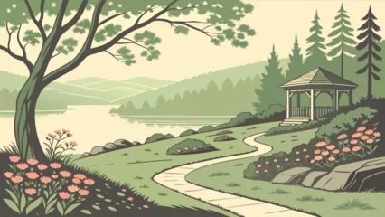 Fotobehang Beige A scenic landscape featuring a lake gazebo trees flowers and a winding path in a peaceful setting style  © Shahid