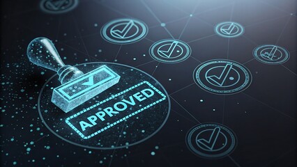 A digital stamp with the word approved and checkmarks, symbolizing confirmation and validation in a technological network