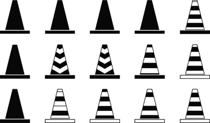 Traffic cone icons set, black white vector, striped chevron patterns, safety symbol, construction zone, warning sign, minimal design, grid layout