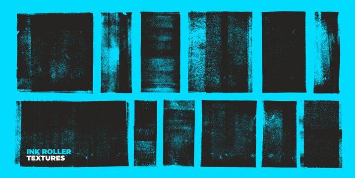 Linocut stamp texture collection. Grunge urban backgrounds set. Rough black ink roller textures. Hand drawn black paint stamp on bright blue bg. Street art distress overlay. Lino ink grungy remains.