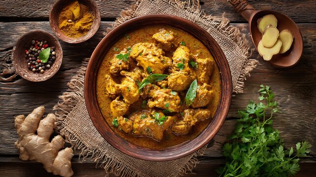 Pakistani chicken handi cooked creamy gravy garnished with coriander and ginger cultural South Asian cuisine stock photography concept