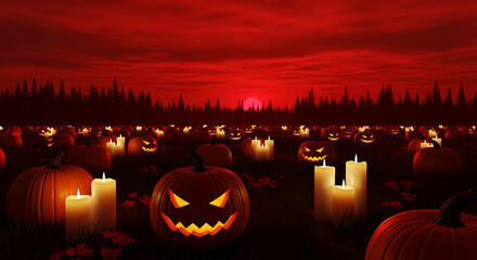 A spooky halloween night scene with pumpkins candles and a red sky landscape background view field