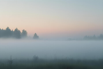 A beautiful, misty landscape at dawn with a pastel sky and forest silhouettes