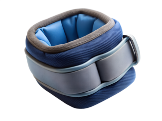 Blue ankle weight strap for fitness and exercise, isolated on transparent background