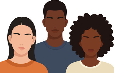 Fototapeta premium Diverse group of three young adults with different skin tones and hairstyles modern flat vector illustration 