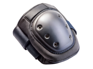 Black protective knee pad with straps for work and sports isolated on transparent background