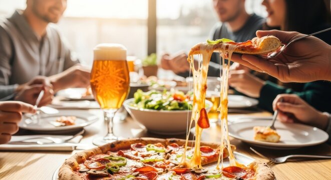 Enjoying Delicious Cheesy Pizza and Refreshing Beer with Friends