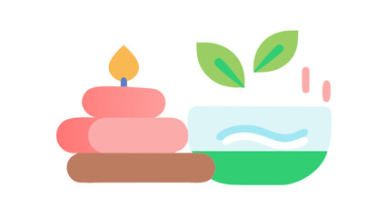 Illustration of a candle on stacked stones next to a bowl with leaves for spa or wellness theme