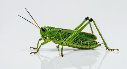 Fototapeta premium Close-up studio shot of a green grasshopper on a white background