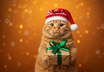 Adorable Orange Cat In Santa Hat Holding A Christmas Gift On An Orange Bokeh Background With Snowflakes