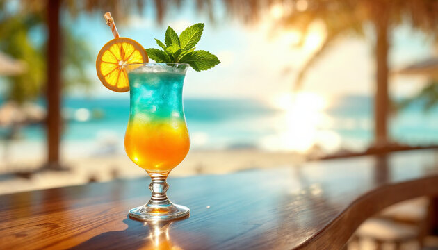 Close-up of vibrant summer cocktail at beachside bar, tropical luxury