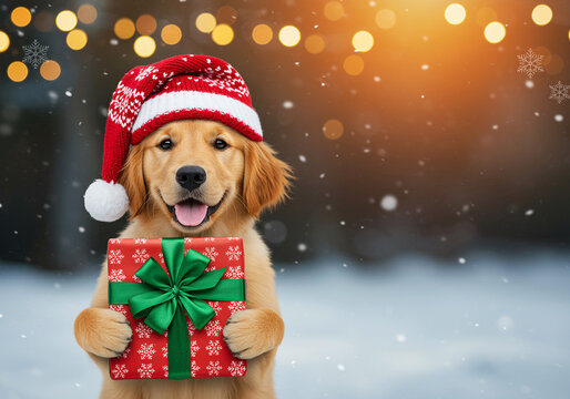 Cute Golden Retriever Puppy Wearing Santa Hat Holding Red Christmas Gift In Snowy Outdoor Setting With Festive Bokeh Lights