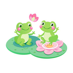 Naklejka premium Two cheerful frogs are sitting on lily pads