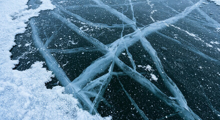Close-up of frozen lake with textured ice and light snow, serene winter scene