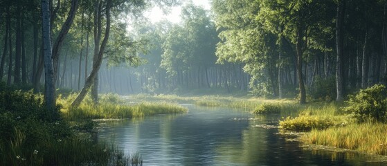 Fototapeta premium Serene morning mist rising over a tranquil river flowing through a dense forest, creating a peaceful natural landscape