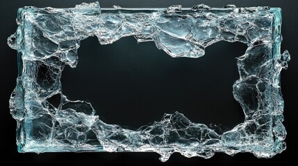 Transparent ice dissolving, creating crystalline border framing shadowy dark backdrop