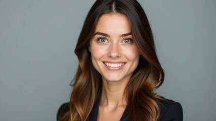 A portrait of a happy woman with long brown hair smiling directly at the camera - Powered by Adobe