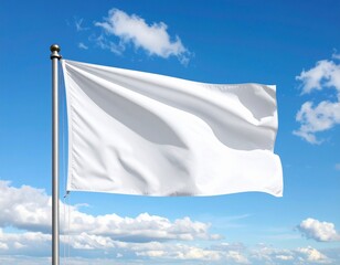 White Flag Waving on Flagpole Against Bright Blue Sky