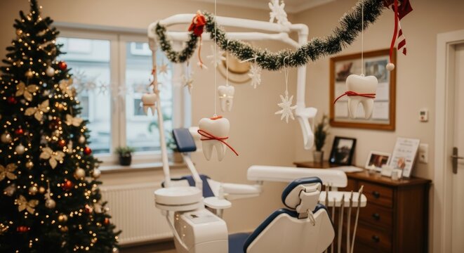 Dental clinic decorated for Christmas and New Year celebrations with festive themes and tooth ornaments