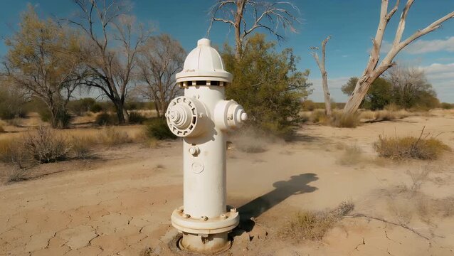 cinematic 4k close up stock footage of white fire hydrant parched dry landscape under clear sky with cracked ground vegetation distant trees perfect environmental climate change drought awareness