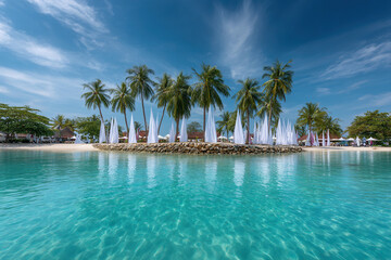 Fototapeta premium Tropical island paradise with palm trees and white decorations on a rocky outcrop, surrounded by turquoise waters and a bright blue sky.