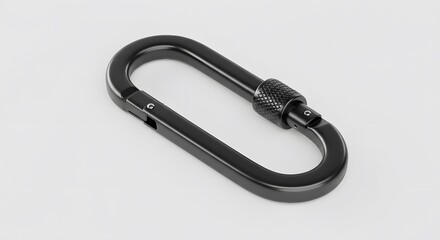 Fototapeta premium Black Carabiner: A close-up shot of a sleek, black carabiner against a plain backdrop, showcasing its robust design and functional elegance.