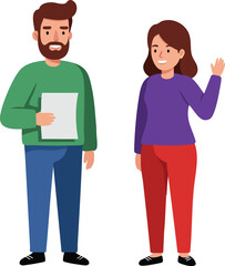 Obraz premium Smiling man holding paper and woman waving hand casual outfit vector illustration 