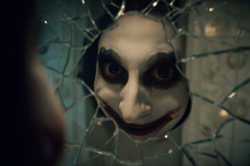 A distorted reflection in a cracked bathroom mirror showing a grotesque version of a person with hollow eyes and a twisted smile