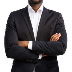 Man in black suit with arms crossed isolated on transparent background