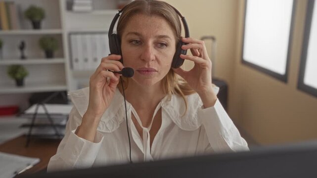 Woman adjusting headset and microphone at office desk with hands near ears and mouth, looking at computer monitor while speaking and listening through headset; concentration productivity.