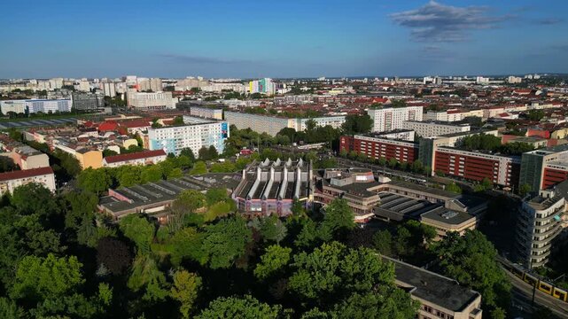 abandoned indoor swimming pool Sez Berlin. Marvelous aerial view flight drone